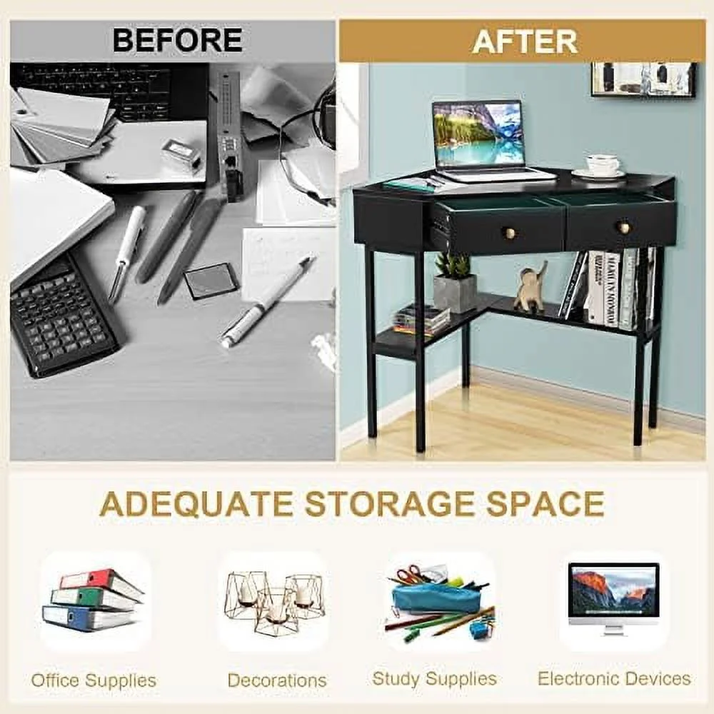 CHNJHUM Corner Desk with Drawers  90 Degrees Triangle Desk w/ Shelves and Metal Frame  Corner Writing Desk  Corner  Vanity Table  Small Corner Desks