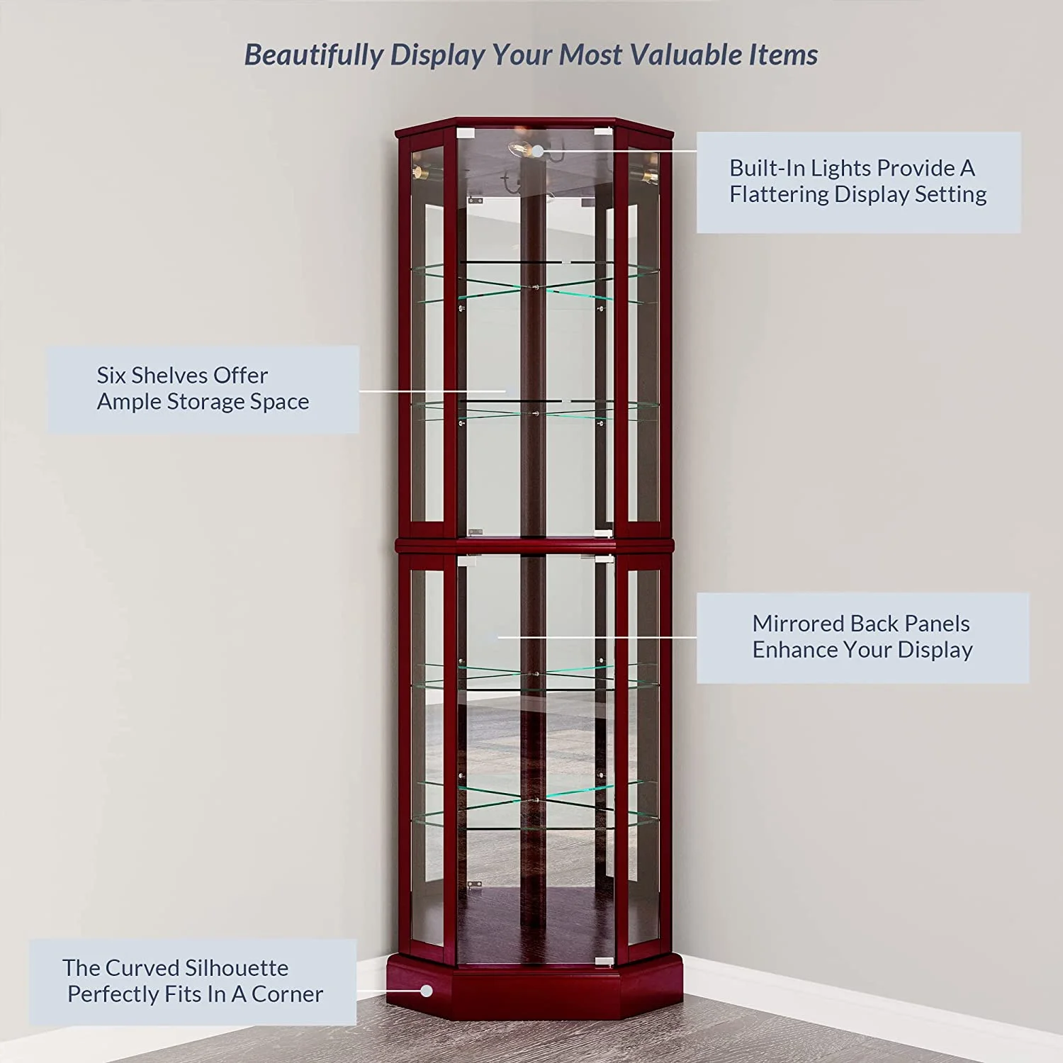 Lighted Corner Display Curio Cabinet Wooden Curved Shelving Unit with Tempered Glass Door, Bar and Liquor Storage Area with 6 Shelves