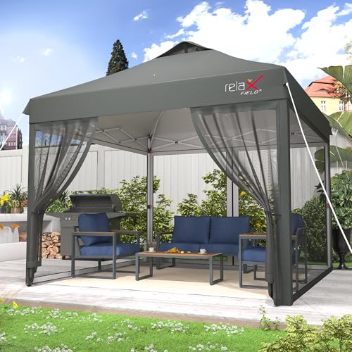 Outdoor Gazebo 10x10 with Mosquito Netting, Pop Up Canopy Tent for Camping, Backyard, Party, Screen Tent with 2 Zipper Doors