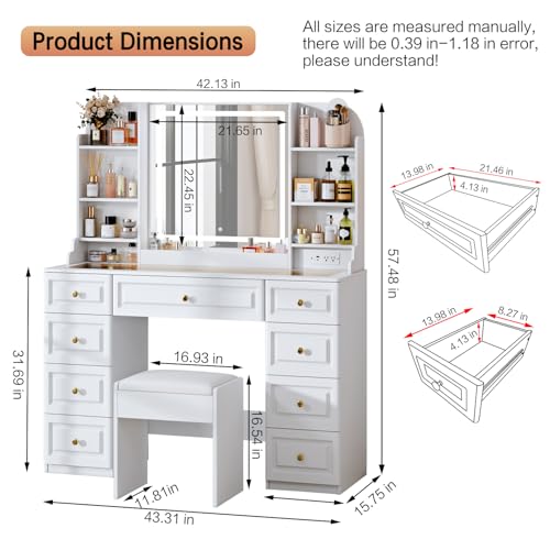43" Makeup Vanity Desk with Mirror and Lights, & Power Outl, Glass Top Big Vanity Table with 9 Drawers& 8 Storage Shelves