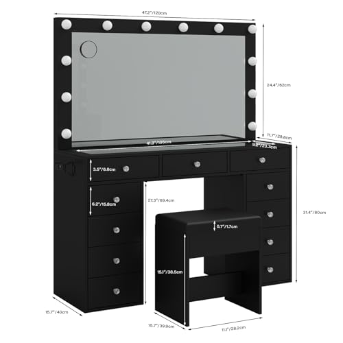 Vanity Desk & Power Outl, Makeup Vanity with Mirror and 12 LED Lights, Makeup Table with 11 Drawers, Vanity Table with Chair