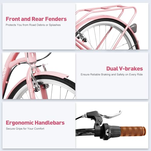 26 Inch Beach Cruiser Bike for Women, Hybrid Cruiser Bike with 7 Speed, Adjustable Seat, Lightweight Women Beach Cruiser Bike with Anti-Skid Tires