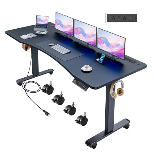 Electric Standing Adjustable Height Desk 55'' x 24''Sit Stand Desk with Charging Station, 2 USB Ports, 3 Power Outlets, 4 Caster