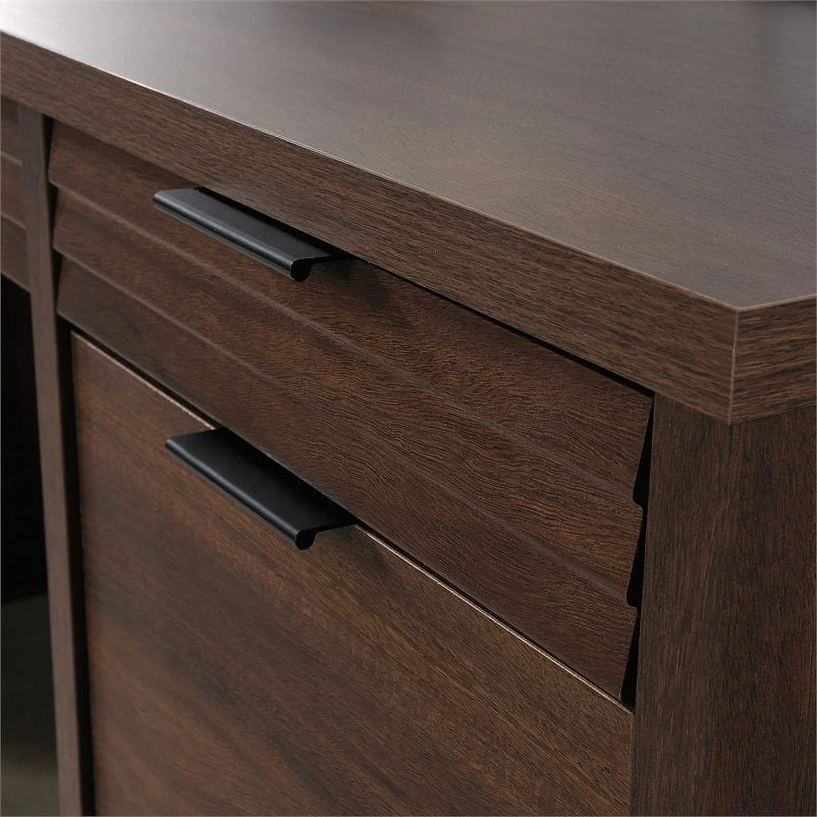 Pemberly Row 72" Wooden Knee Space Computer Credenza Desk in Spiced Mahogany