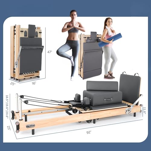 Extended Pilates Reformer, Foldable Wood Pilates Machine with Sitting Box, Jump Board and Anti-Slip Mat for Strength, Rehab & Flexibility