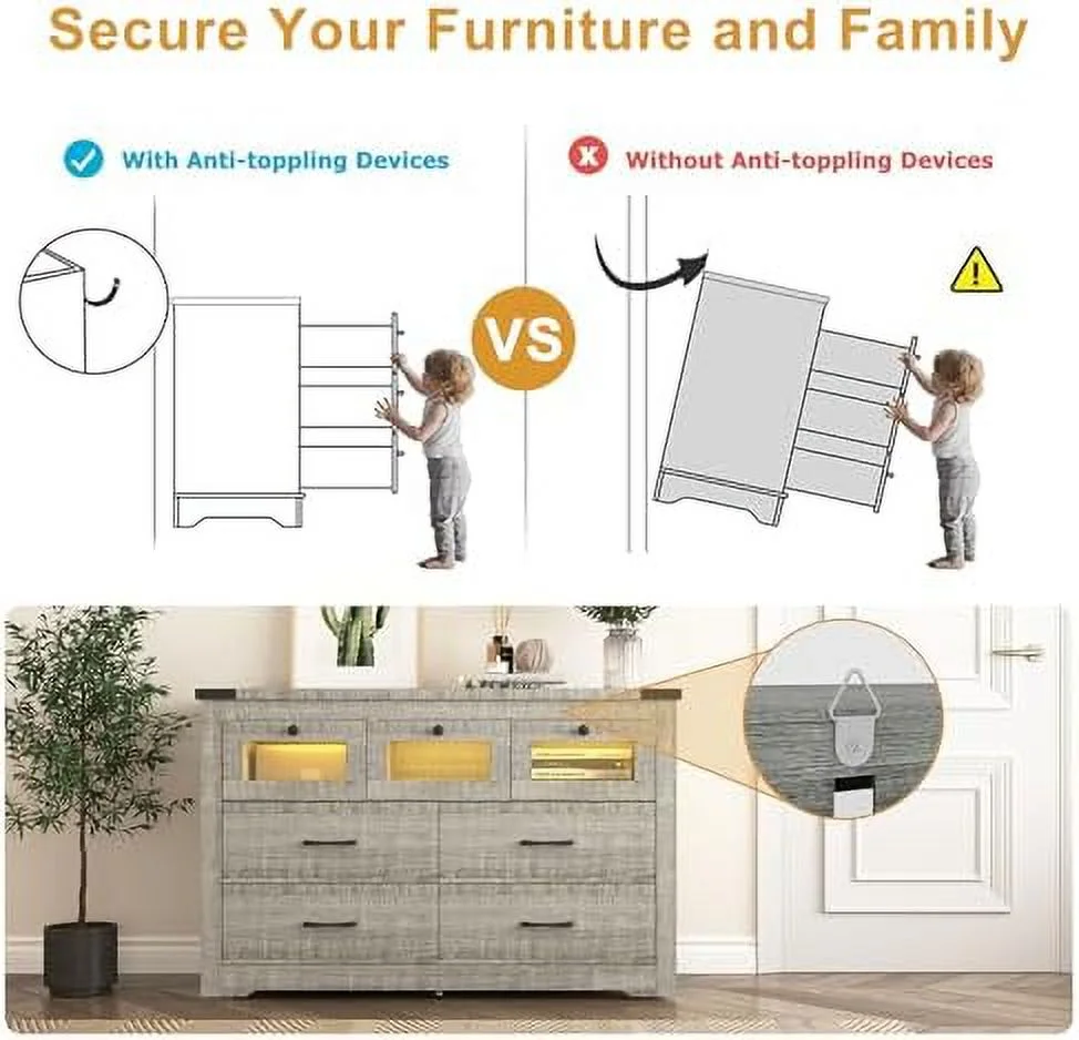 Grey Farmhouse Dresser for Bedroom 7 Drawer Dresser with LED Light  Wood  Dresser Chest of Drawers Wide TV Stand Dresser for Bedroom