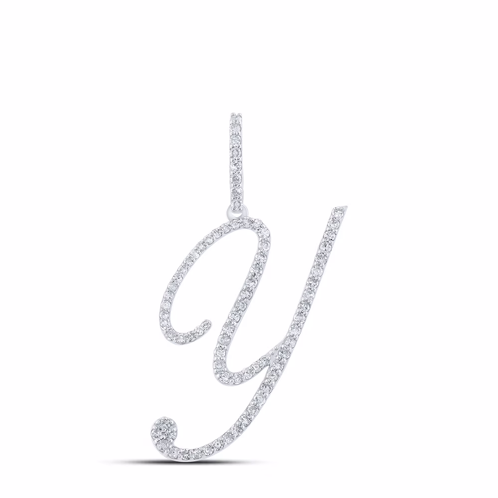 Women's Solid 10kt White Gold Round Diamond Y Initial Letter Pendant 1/2 Cttw