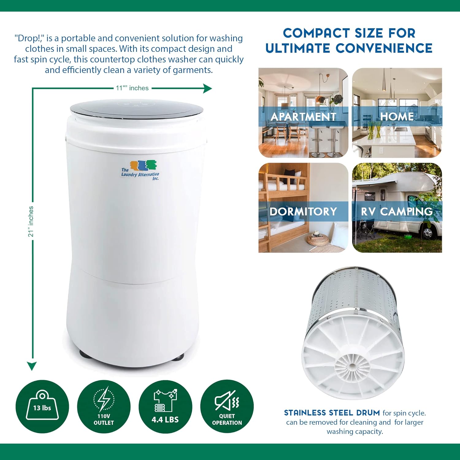 The Laundry Alternative Drop Compact Washer - Countertop Washing Machine & Spinner, Space Saver, Stainless Steel Drum, Apartment-Friendly
