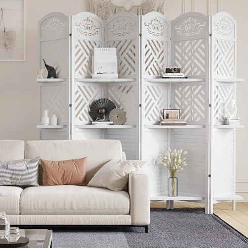 Room Divider with Shelves, 5.75ft Tall Folding Wood Carved Screen with Double Hinges for Home Office Bedroom Hotel Decoration (6 Panels, Natural)