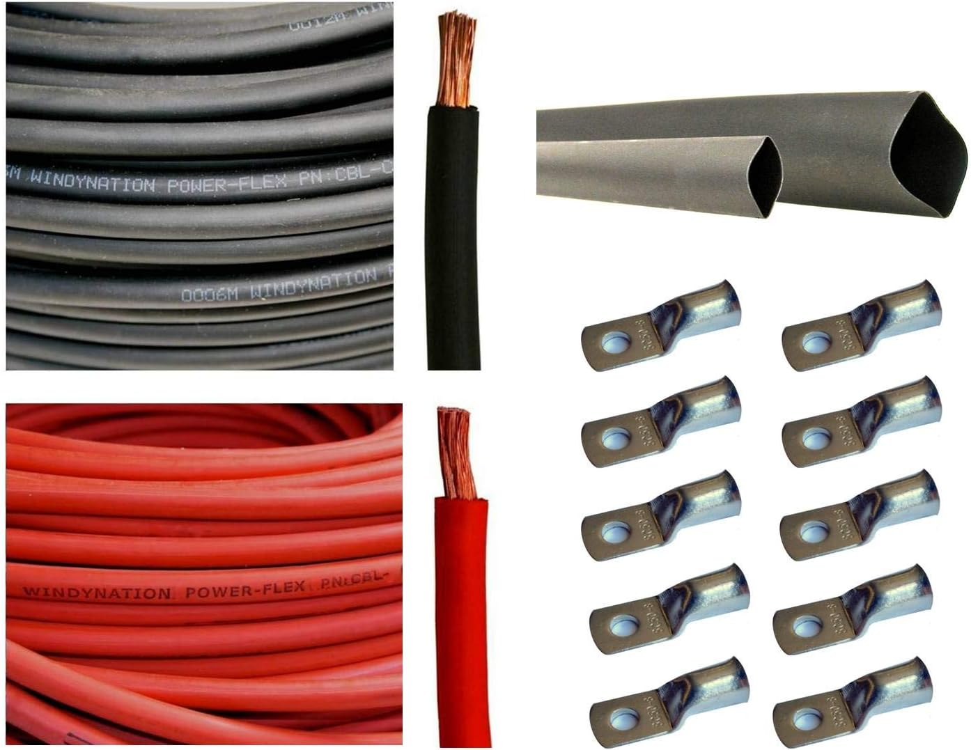 WNI 4/0 AWG 4/0 Gauge 10 Feet Black + 10 Feet Red Battery Welding Pure Copper Ultra Flexible Cable + 5pcs of 5/16" & 5pcs 3/8" Copper Cable Lug