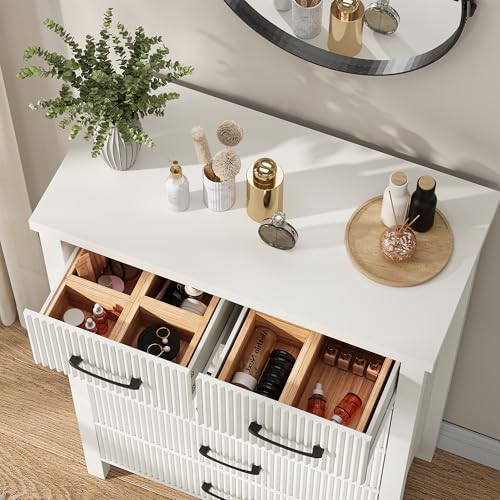 Fluted 6 Drawers Dresser for Bedroom, Tall Boho Chest of Drawers with Metal Handle, Wooden Closet Clothes Storage Organizer for Living Room