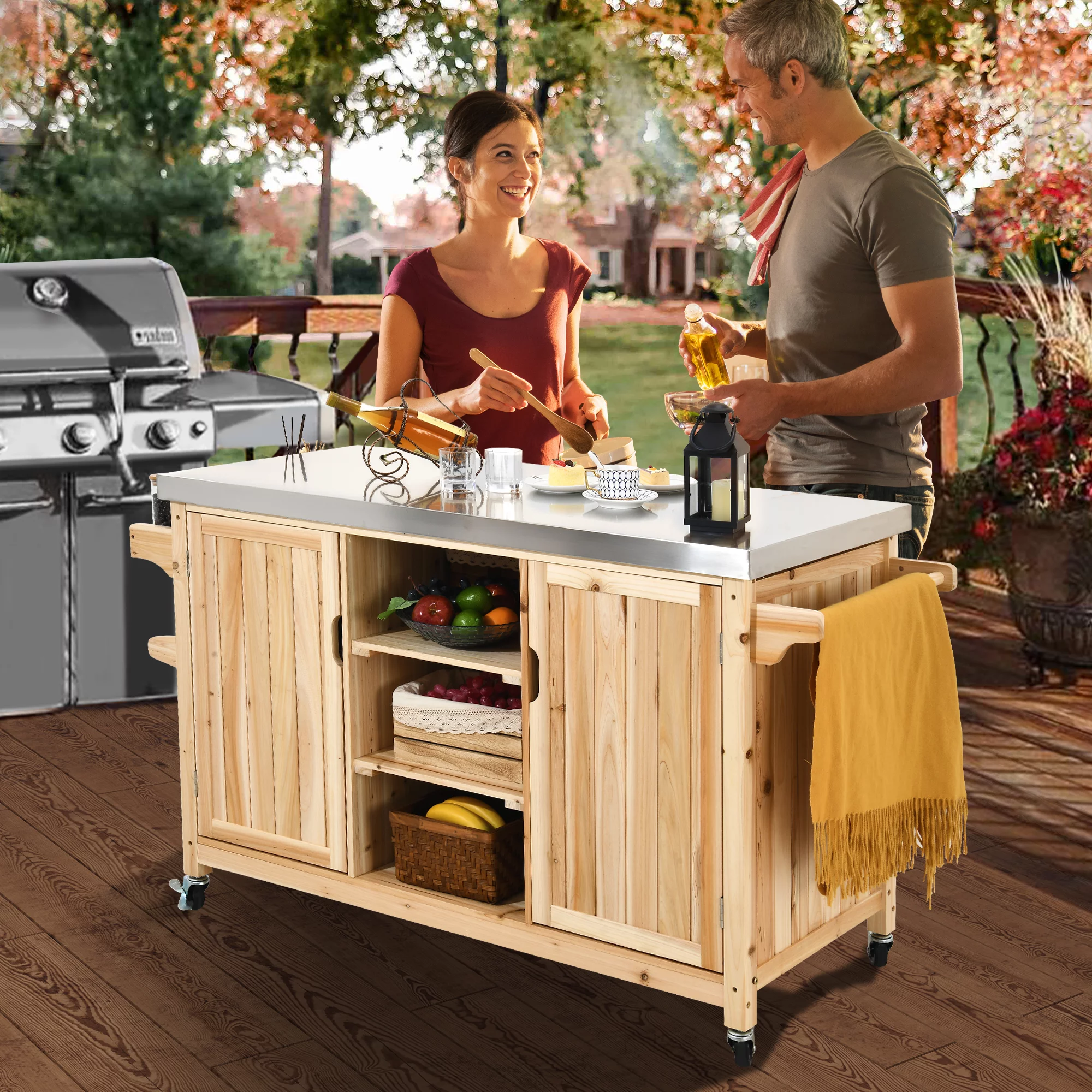 DWVO Outdoor Table and Storage Cabinet Solid Wood Movable Grill Table with Stainless Steel Top for Outside Patio Kitchen Island or Bar Cart