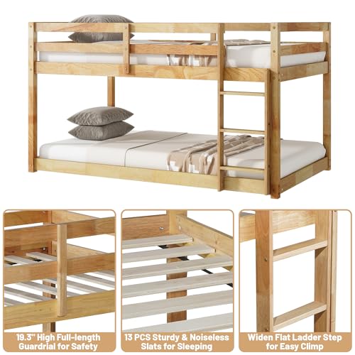 Bunk Bed Twin Over Twin, Wood Low Profile Floor Twin Bunk Beds with Ladder Guardrails for Kids Boys and Girls, No Box Spring Needed