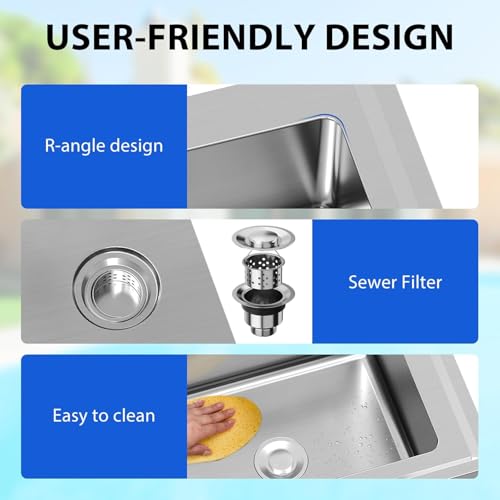 28"x20"x34" Stainless Steel Utility Sink, Freestanding Single Bowl with Hot & Cold Water Faucet