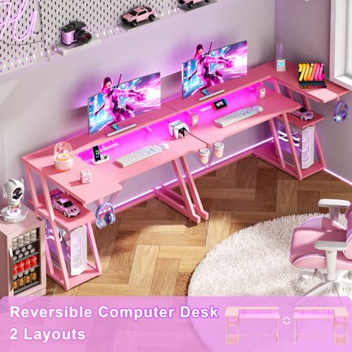 55 Inch Gaming Desk with Power Outlet & LED Lights, L Shaped Gamer Computer Table with Storage Shelves for Bedroom, Corner Home Office Desk