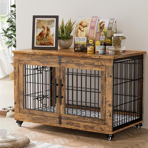 Lulive Dog Crate Furniture for Medium Dogs, 32'' Dog Kennel Indoor with Cushion & Wheels Wooden Dog Cage Double Doors Dog Crate End Table, Grey