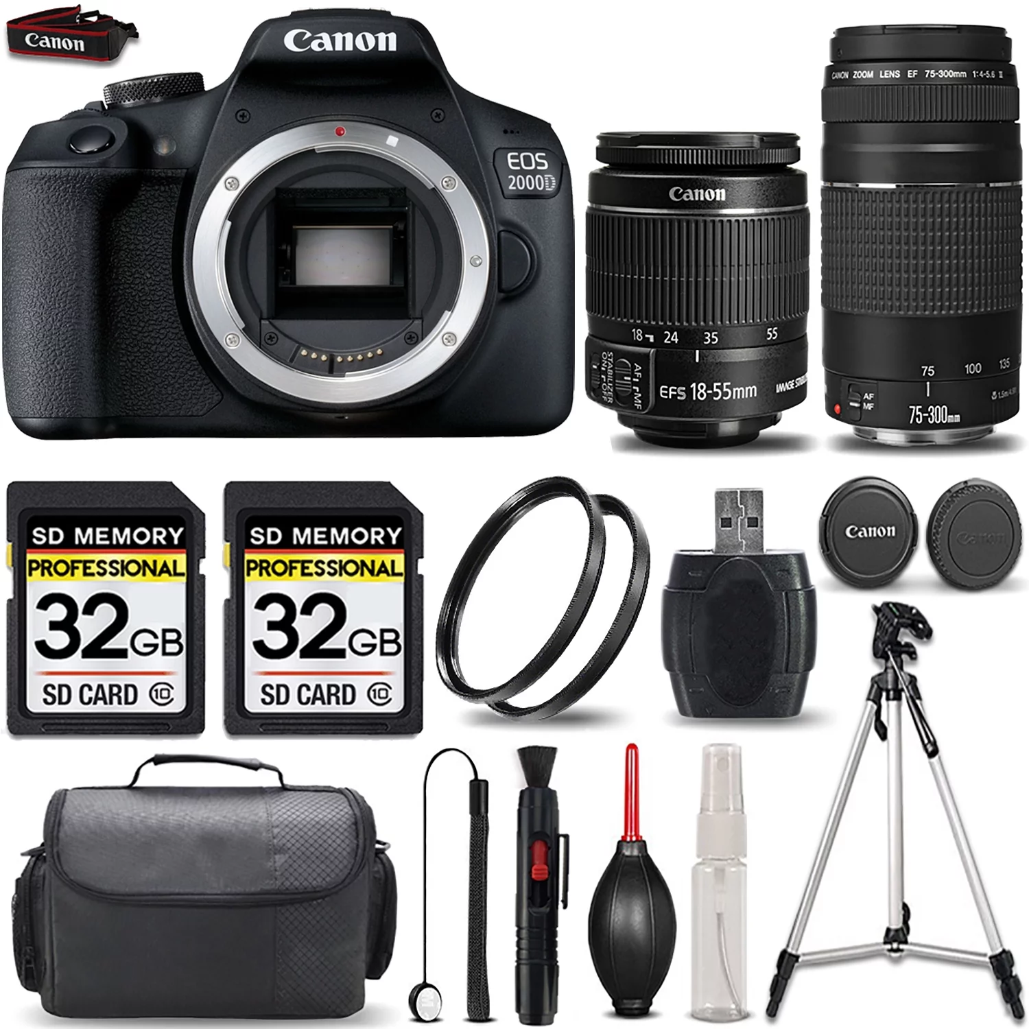 Canon EOS 2000D (Rebel T7) DSLR Camera + Canon EF-S 18-55mm IS STM Lens + Canon EF 75-300mm f/4-5.6 III Lens + 64GB Storage + 2X UV Filter