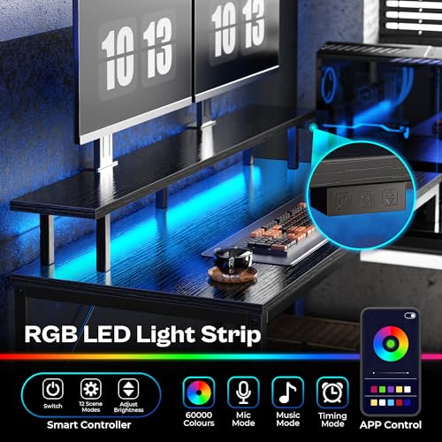 Huuger Reversible L Shaped Computer Desk with Drawers, Gaming Desk with LED Lights and Power Outlets, Office Desk with Storage Shelves