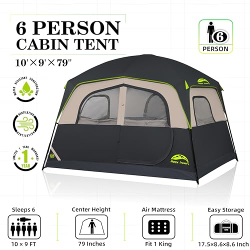 Happy Travel Tent 6 Person Tents for Camping, Waterproof Easy Setup Camping Tent with Rainfly