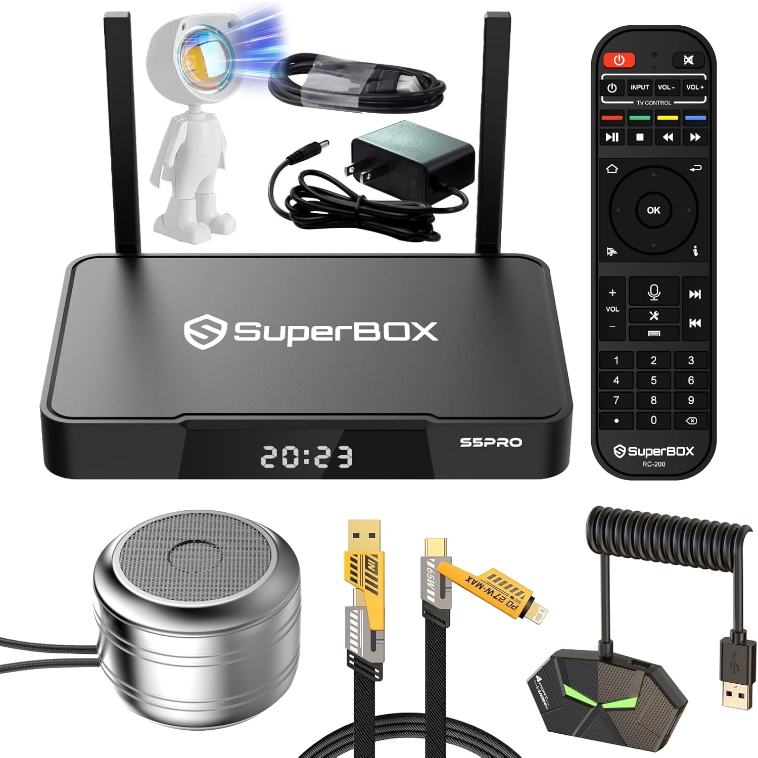 Super Stream S-5-P ro TV Box,with Channels Free,4GB RAM+32GB ROM,with Voice Remote,6K HDMI,2T2R,1*Portable Audio,1 *Sunset Light,1*4-in-1 Data Cable