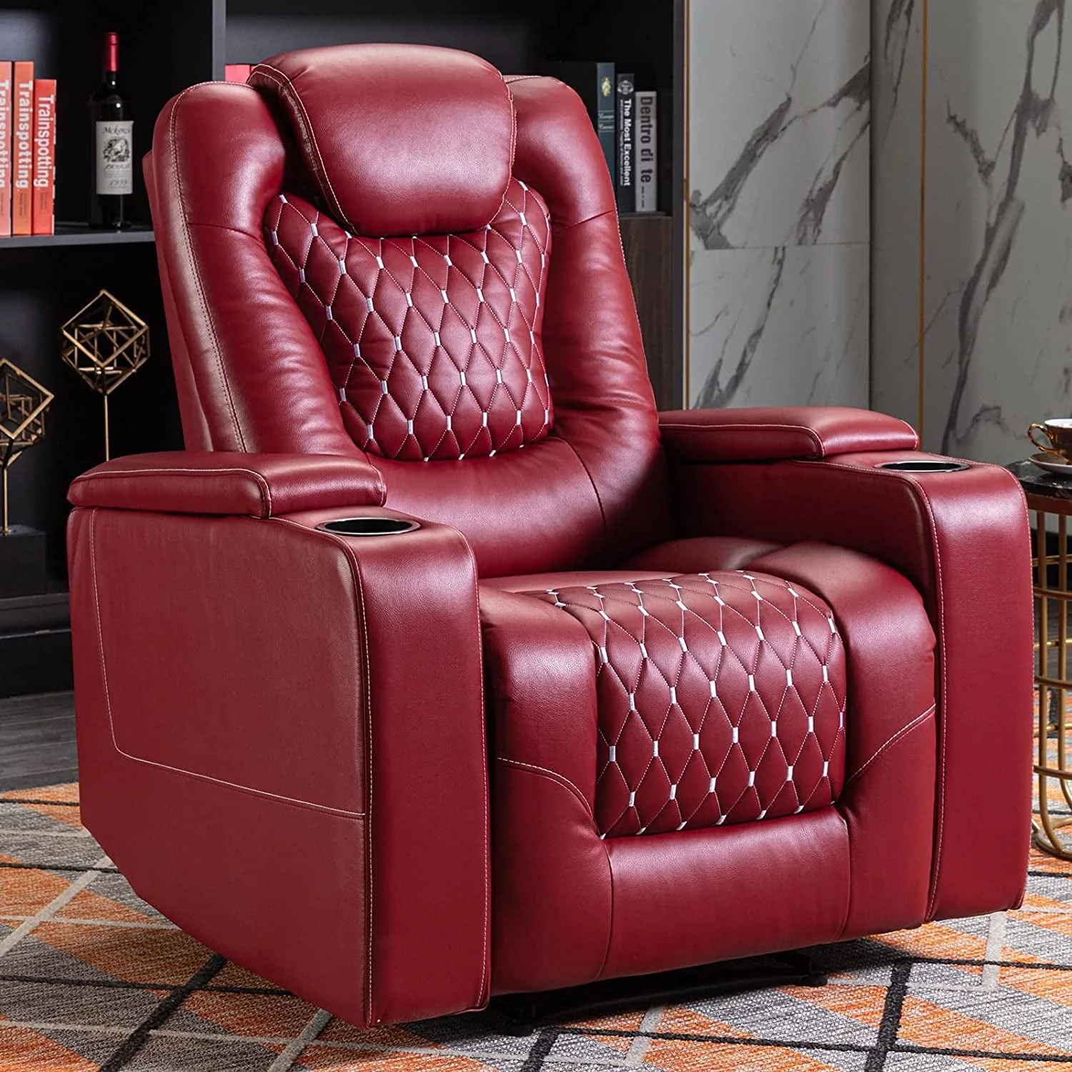 Bonzy Home Overstuffed Electric Home Theater Seating PU Leather Reclining Furniture with with USB Ports and Cup Holders and Hidden Arm Storage - Black