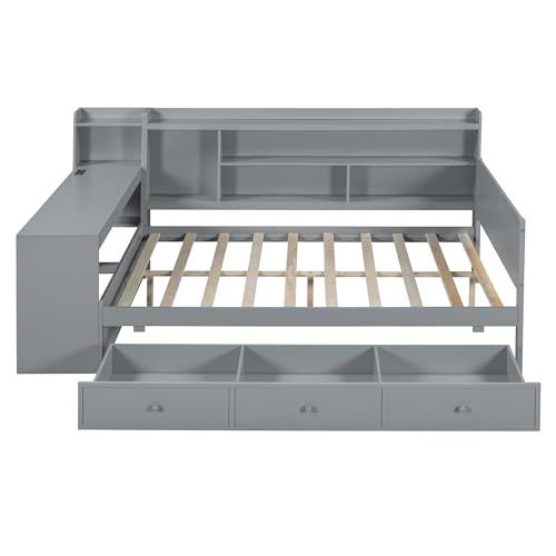 Bellemave Twin Corner Bed Frame with Storage Shelves and Desk, Wood Twin Size Daybed with Bookcase and Drawers and Storage, Gray