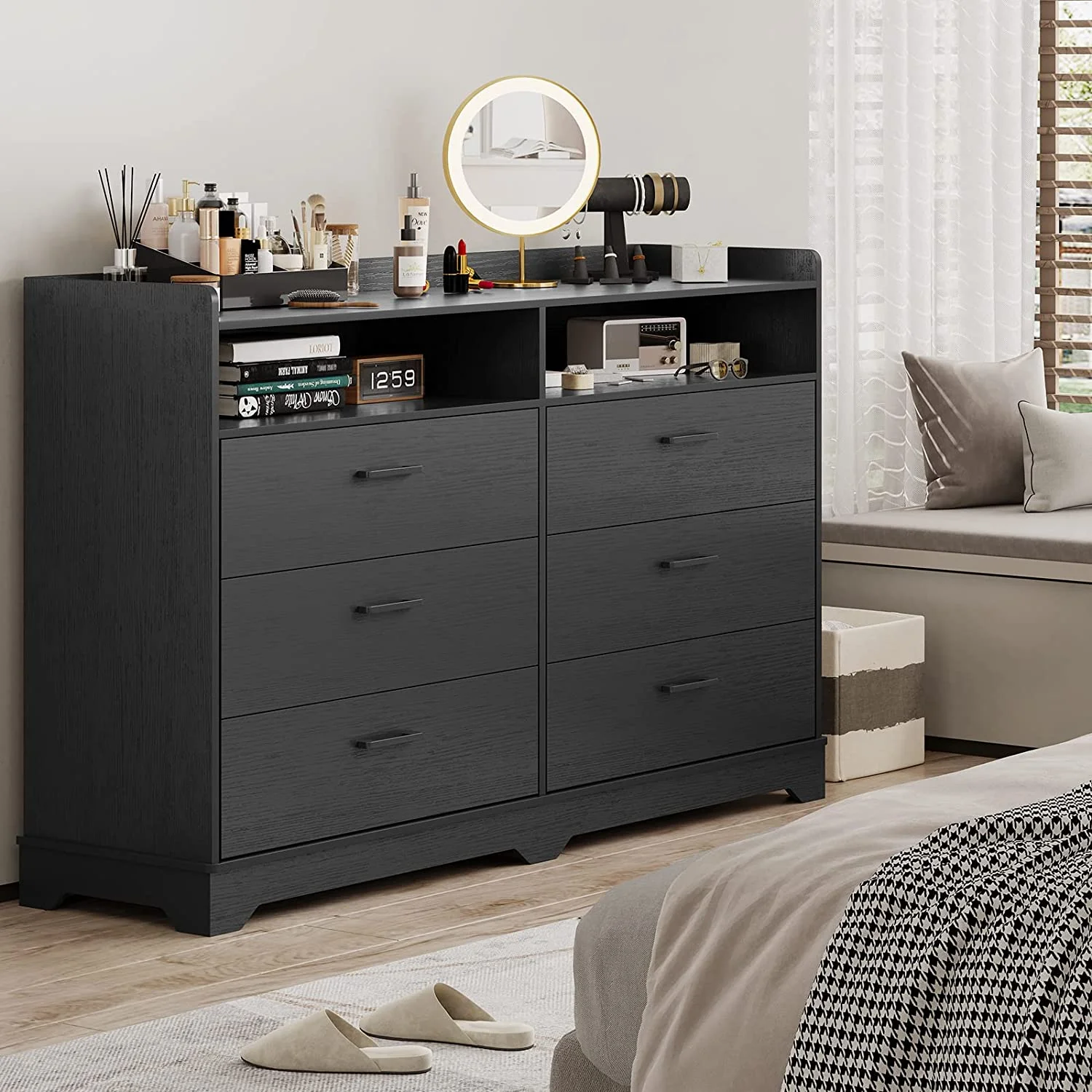 Classic 6 Drawer Dresser,Wood Finish,Modern Farmhouse Storage Tower Chests of Drawers and Open Cubby,for Bedroom,Living Room,Black