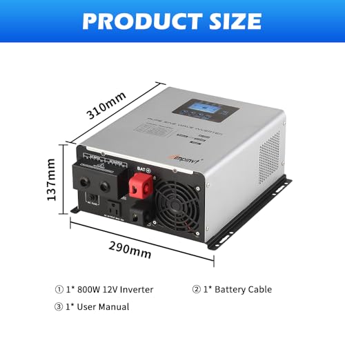 800W Pure Sine Wave Inverter with AC Charger, DC 12V to AC 120V Output,UPS Backup Power Low Frequency Inverter for Lithium, Sealed,AGM, Gel