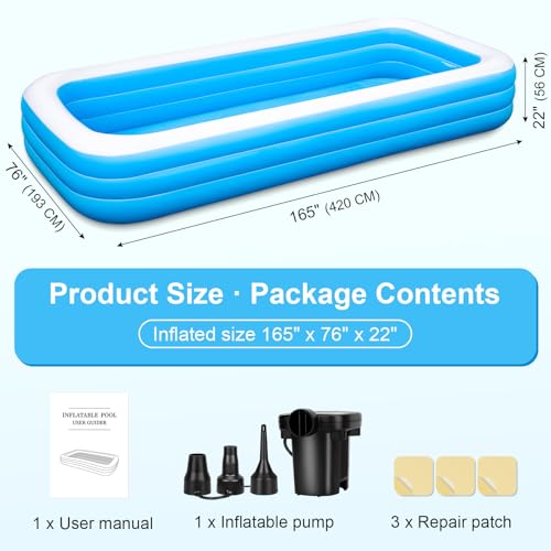 Large Inflatable Pool for Family, 165'' x 76'' x 22'' Full-Sized Blow Up Pool for Adults