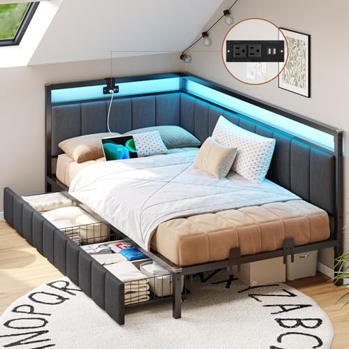 DICTAC Corner Full Bed Frame with 2 Storage Drawers and Charging Station Full Size Platform Bed Frame with Led Lights and Upholstered Guardrail