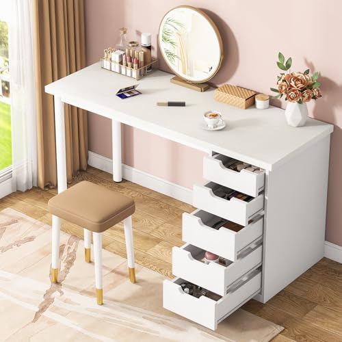 Tribesigns 47 inches Vanity Desk with 5 Drawers, Rustic Brown Makeup Vanity Table Dressing Table with Storage, Modern Simple Computer Desk for Women