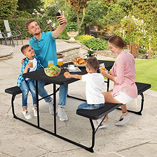 GYMAX Picnic Table, 550 LBS Folding Picnic Tables with Benches & Seats, Weather-Resistant Easy Setup Portable Picnic Table