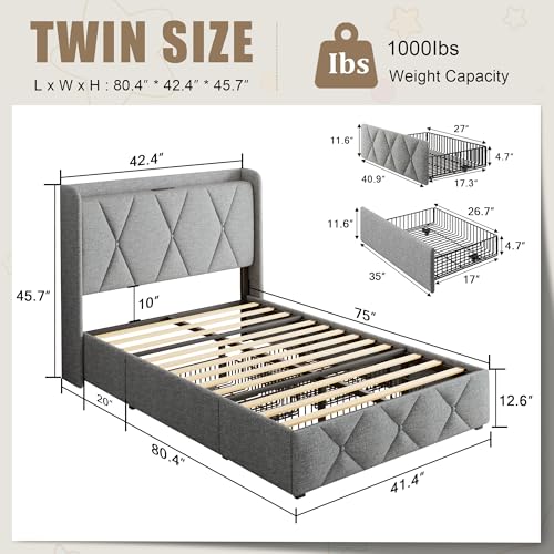 Queen Bed Frame with 4 Storage Drawers and Charging Station, Upholstered Platform Bed Frame with Storage Headboard, No Box Spring Needed