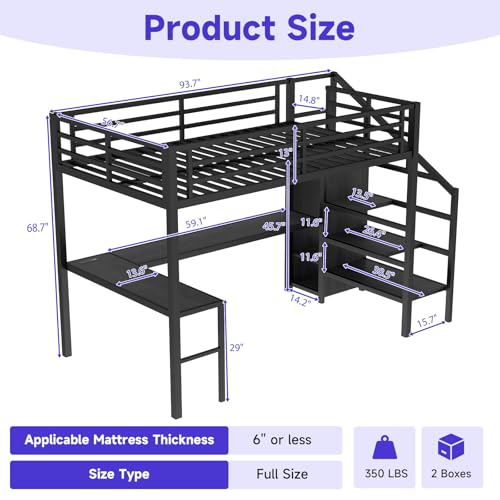 Full Size Metal Loft Bed Heavy-Duty Loft Bed Frame, LED Loft Bed Frame with L Shaped Desk, Wardrobe, Storage Stairs