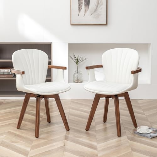 LUNLING Swivel Dining Chairs Set of 2, Mid Century Modern Gray Fabric+Faux Leather Kitchen Chairs with Arms,Bamboo Legs Side Chairs No Wheels