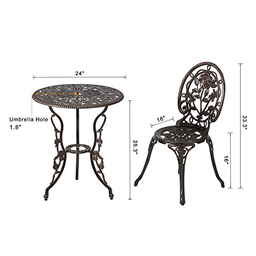 HOMEFUN Bistro Table and Chairs Set of 2 Outdoor 3 Piece Patio Set, Rose Pattern Cast Aluminum Bistro for Garden Balcony