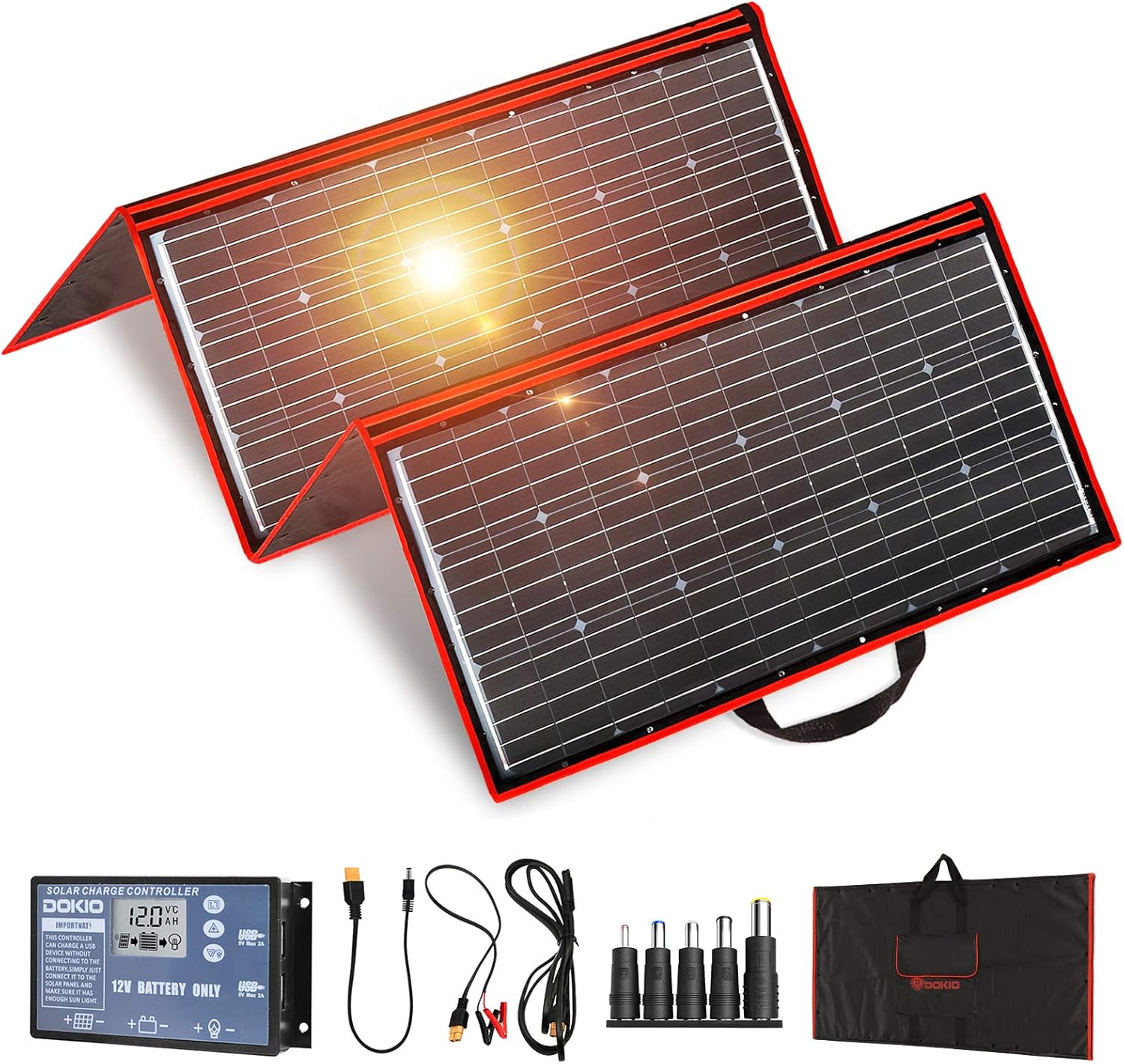 DOKIO 300W 18V Portable Solar Panel Kit (ONLY 0.9in Thick) Folding Solar Charger with 2 USB Outputs for 12v Batteries/Power Station AGM LiFePo4 RV