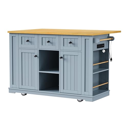 Rolling Kitchen Island with Drop Leaf & Power Outlet, Large Kitchen Islands Cart on Wheels