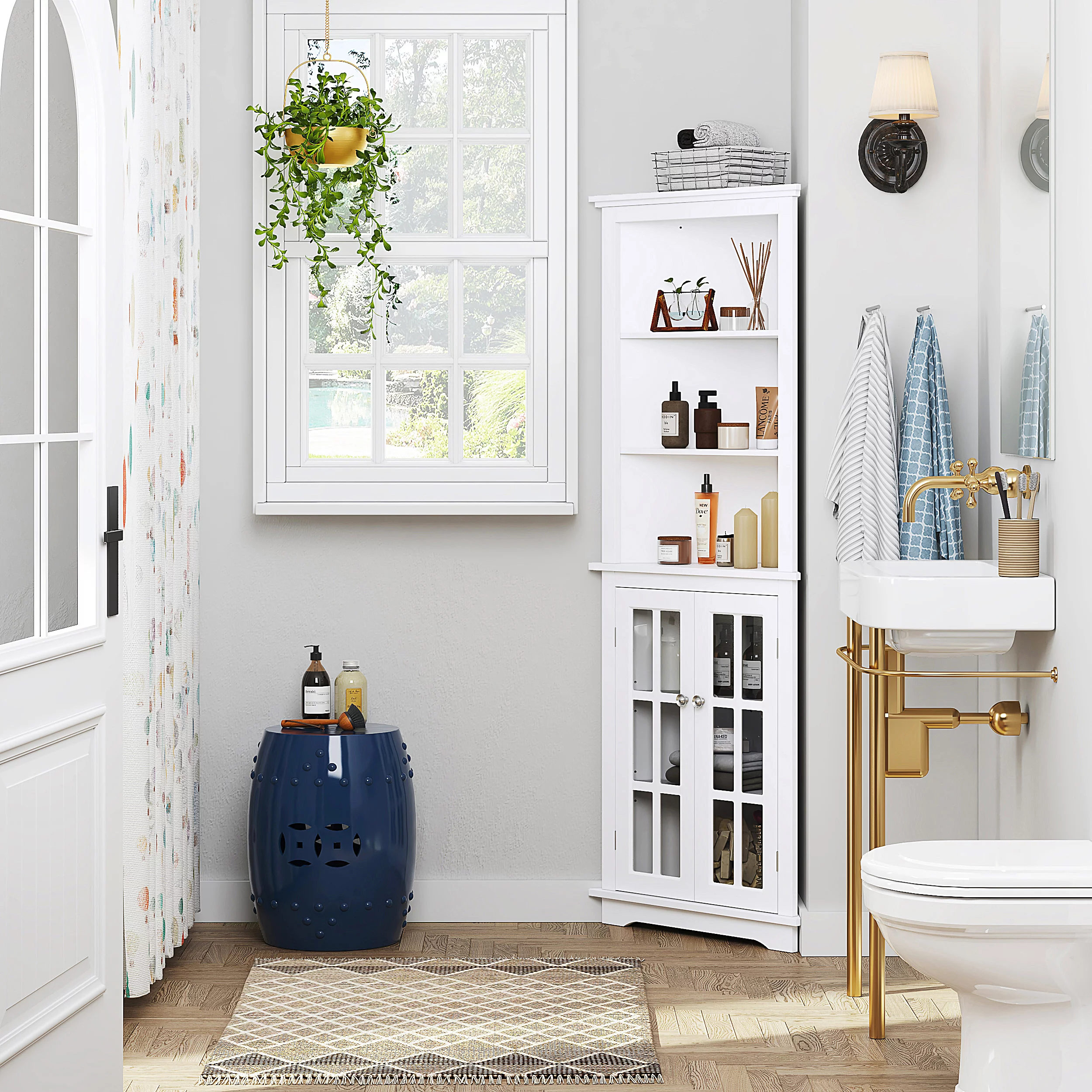 Spirich Home Bathroom Tall Corner Storage Cabinet, Floor Slim Display Storage Cabinet with Glass Doors and Adjustable Shelves for Bathroom, Kitchen