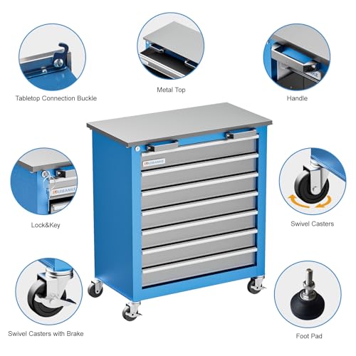 7-Drawer Rolling Toolbox,Tool Box with 360° Lockable Wheels and Padded Feet,Tool Chest with Keyed Locking System and Drawer Liners