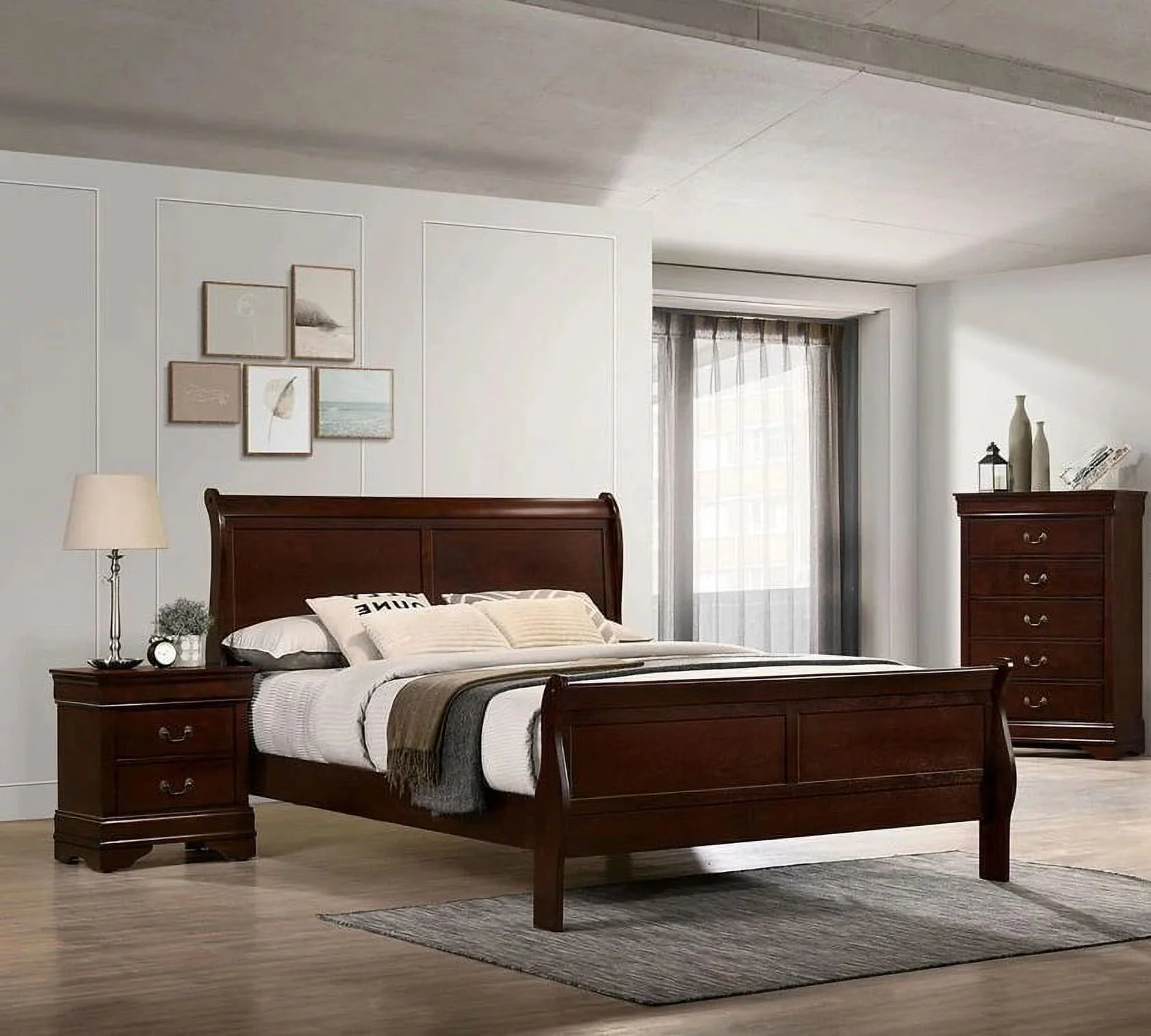 CoSoTower Queen Size Bed Cherry Louis Phillipe Solidwood 1Pc Bed Bedroom Sleigh Bed Bedroom Furniture