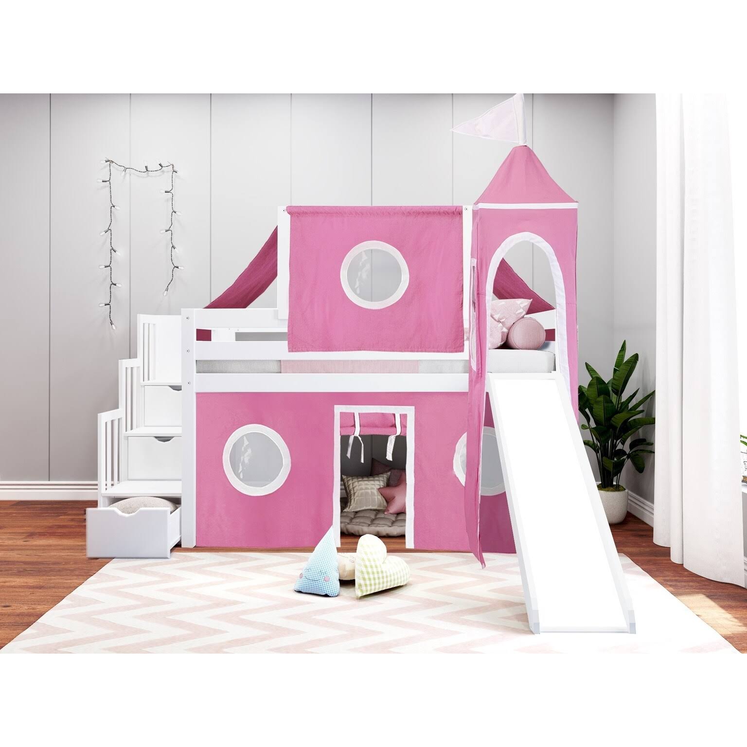 Jackpot! Princess Low Loft Twin Stairway Bed with Slide Pink Camo Tent and Tower, Blue