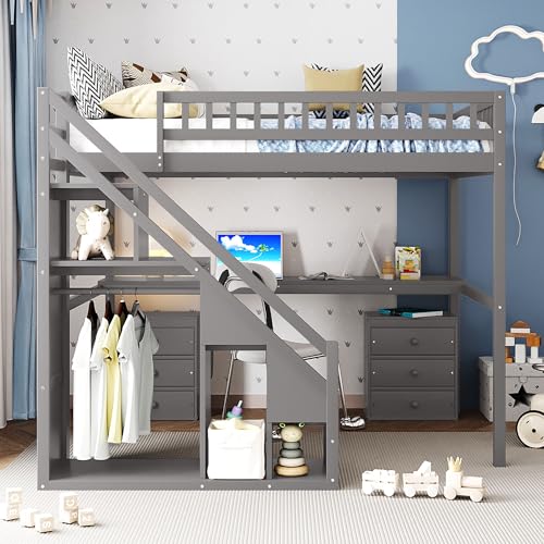 Modern Full Size Gaming Loft Bed with Built-in Desk and Storage Wardrobe, Wood Loft Bed Frame with Light Strip and 2 Drawers