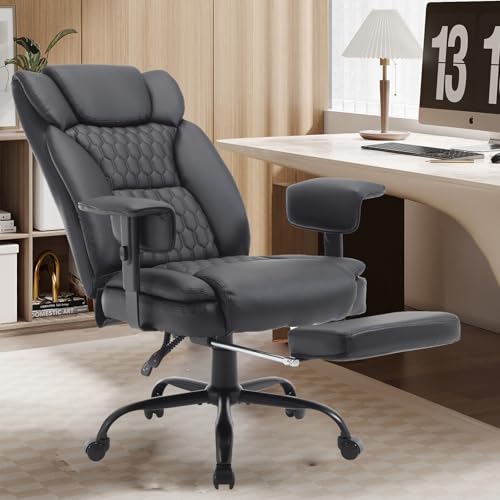 Big and Tall Office Chair 400LBS with Wide Seat High Back Ergonomic Executive Reclining Office Chair with Footrest Leather Computer Gaming Desk