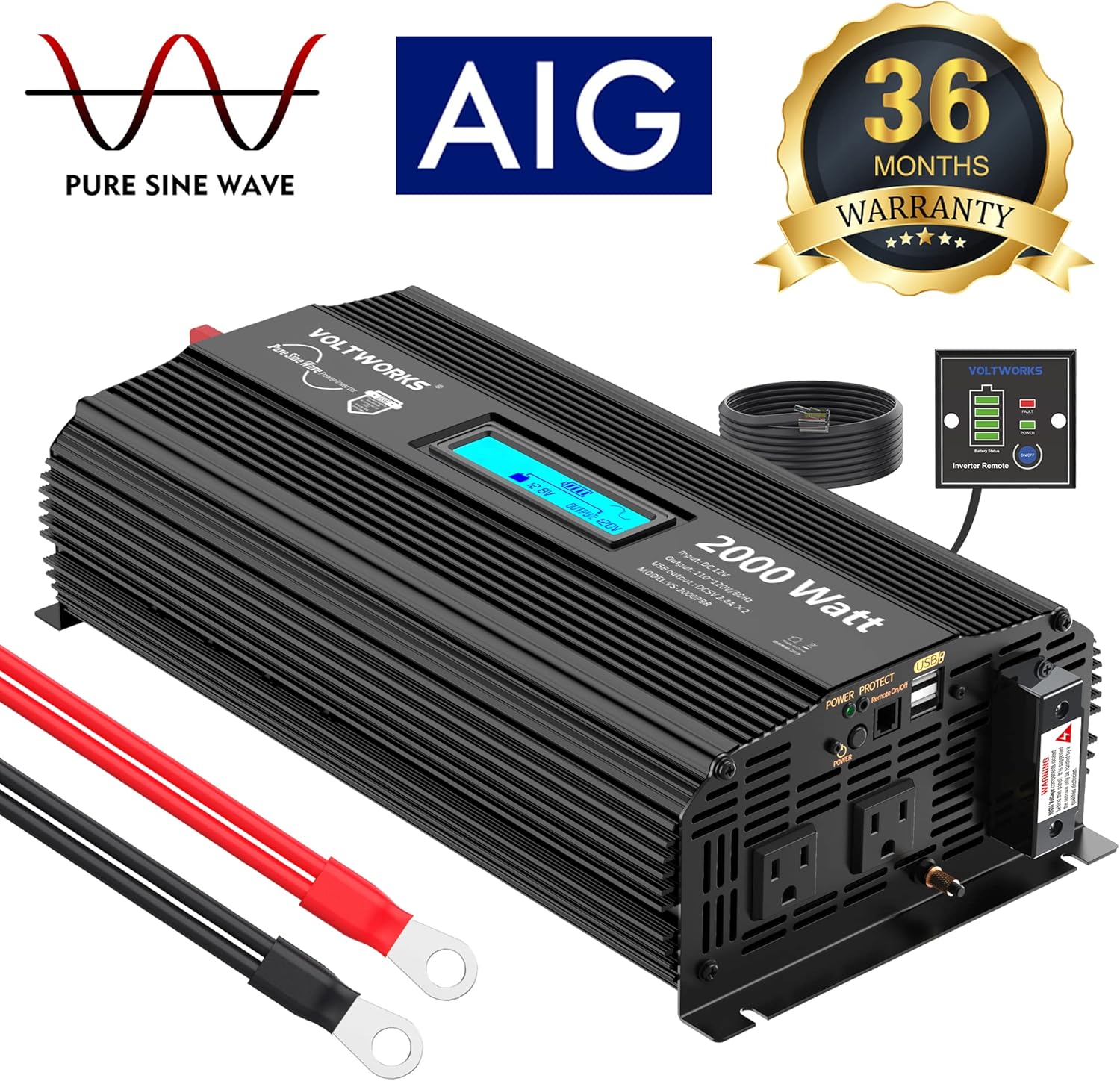 Pure Sine Wave 2500 Watt Car Power Inverter 2500w Converter DC 12V to 110V-120V AC with LCD Display 2 AC Outlets 2x2.4A USB Ports 1 AC Terminal Block