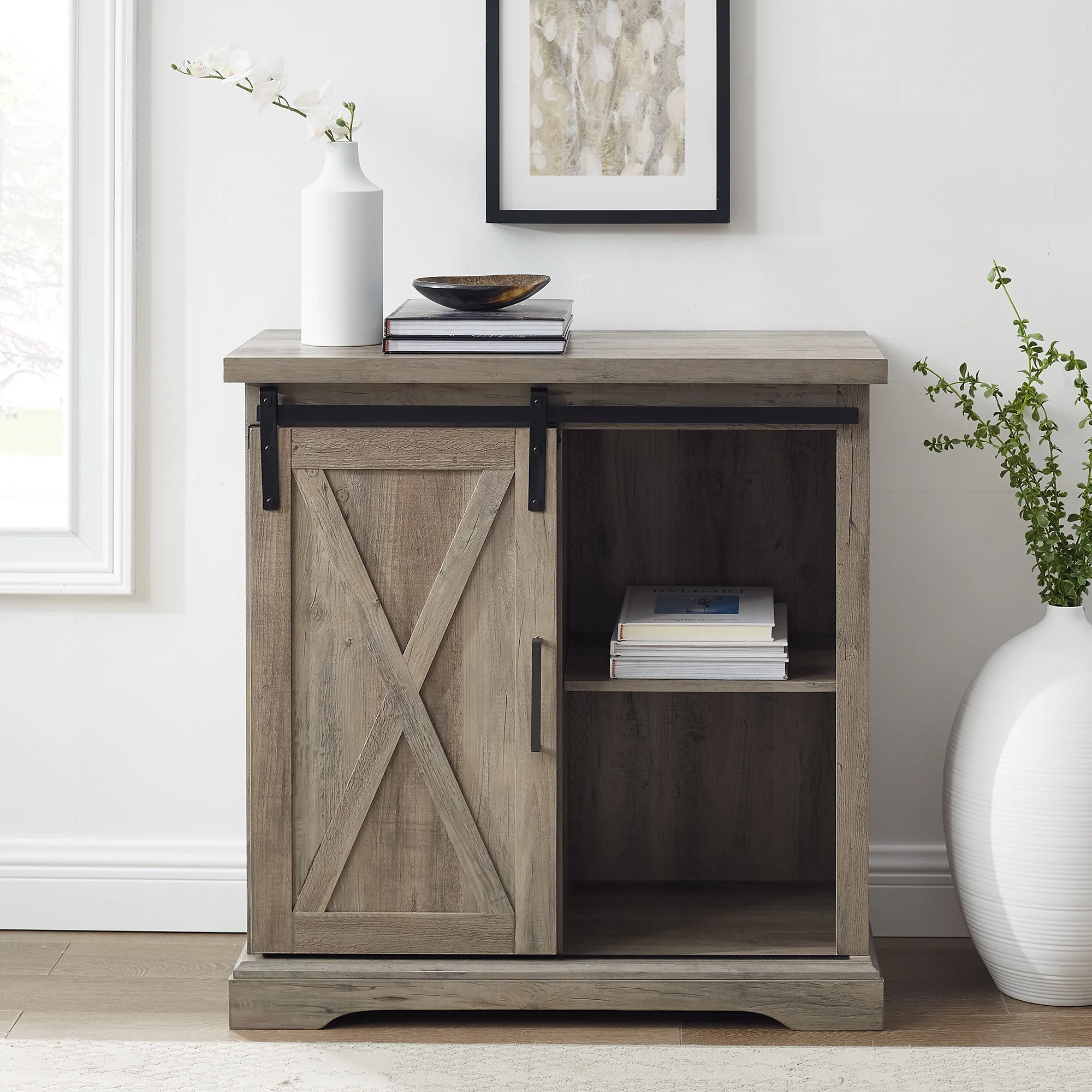 Walker Edison Sliding Barn Door Accent Cabinet, Grey Wash