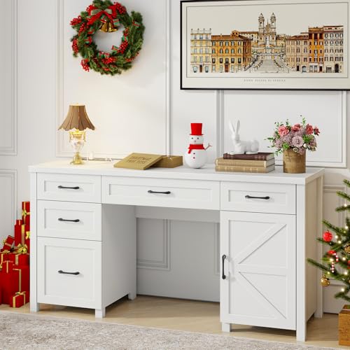 Farmhouse 61'' Executive Desk with 5 Drawers, Rustic Office Desk Computer Desk with Charging Station, File Drawers and Storage Cabinet
