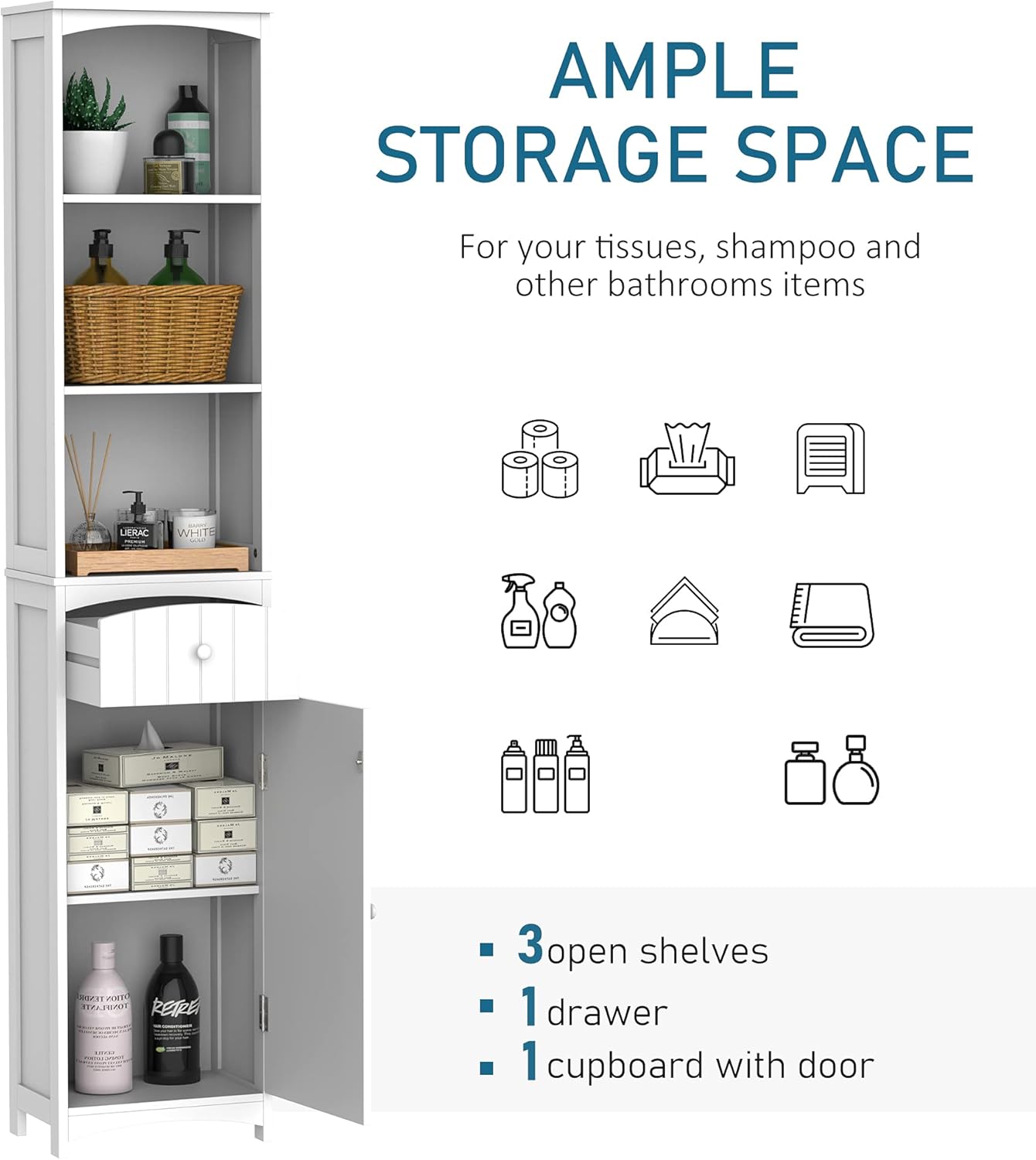 HOMCOM 67 Tall Bathroom Storage Cabinet, Freestanding Linen Tower with 3-Tier Shelf, Drawer and Cupboard, Narrow Side Floor Organizer, White