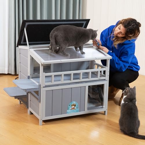Outdoor Cat House, 2-Tier Warm Wood Cat Shelter with Sunlight Roof, Balcony, Jumping Platforms, Kitty Pet Porch Enclosure, Weatherproof, Openable
