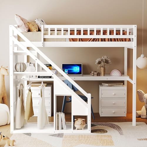 Modern Full Size Gaming Loft Bed with Built-in Desk and Storage Wardrobe, Wood Loft Bed Frame with Light Strip and 2 Drawers